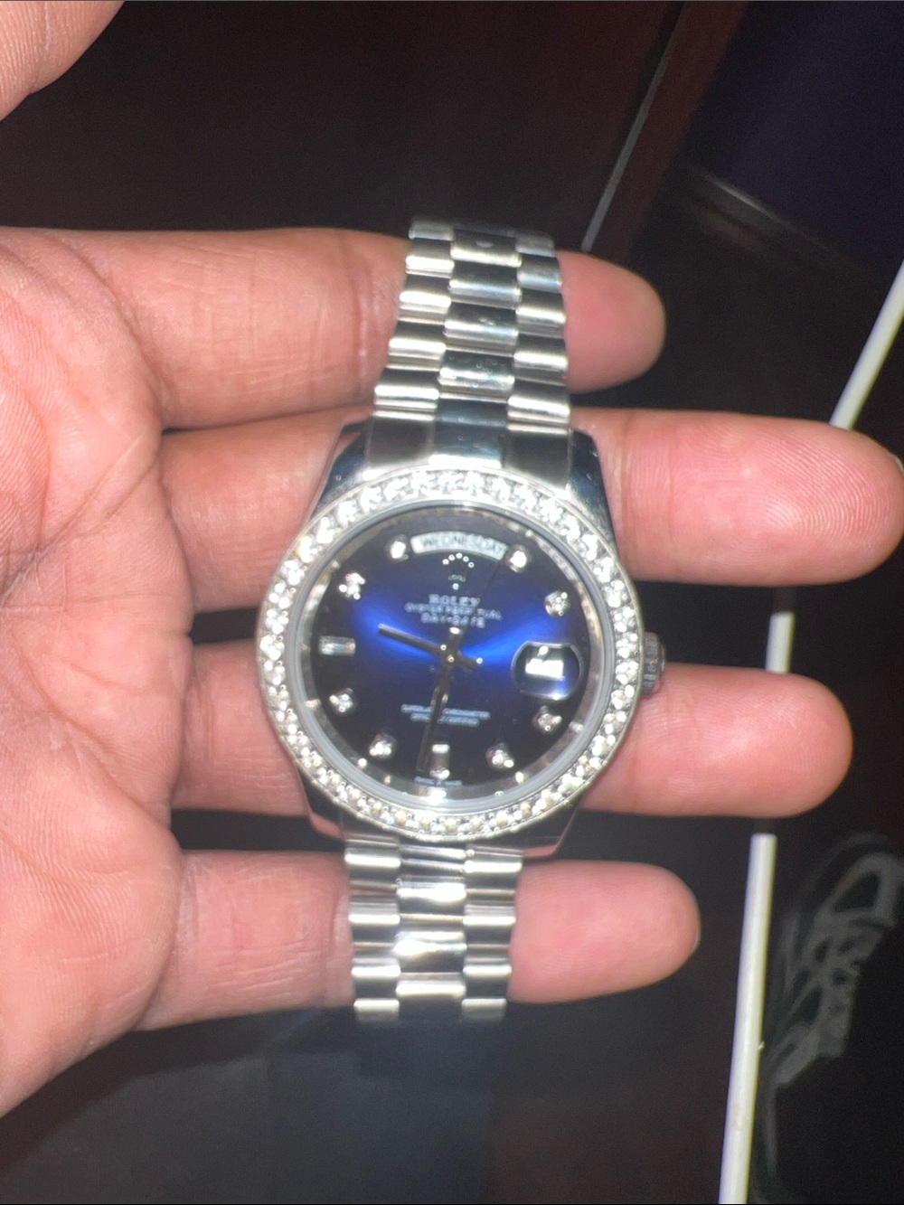 Rolex Blue Dial Stainless Steel Watch with Diamond Bezel